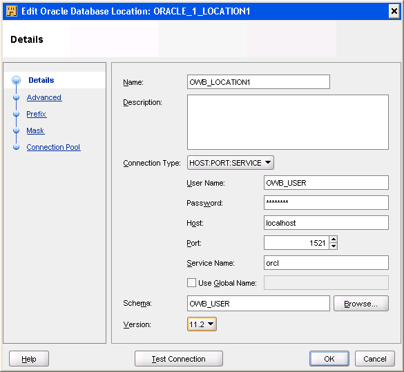 Edit Oracle Location dialog box